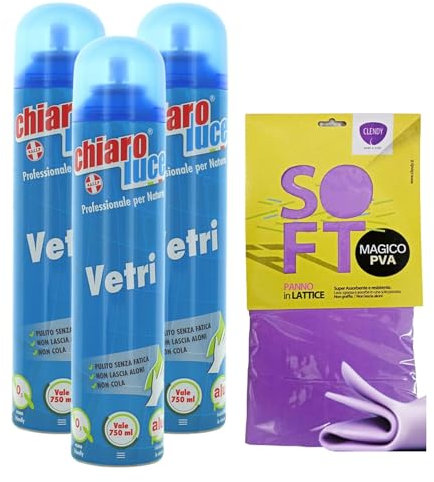 3x Chiaro Luce Vetri Spray, Detergente per Vetri, Specchi e Superfici. Sgrassa e Pulisce Rapidamente per un Risultato Sempre Brillante e Privo di Aloni, Flacone da 300ml + OMAGGIO 1 Panno in Lattice