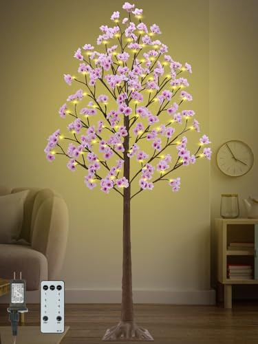 6FT Cherry Blossom Tree with 112 LED Lights, 336 Lush Pink Flowers, Artificial Lighted Cherry Blossom Tree with Remote 8 Modes, Timer for Spring Wedding Party Valentines Indoor Outdoor Decoration
