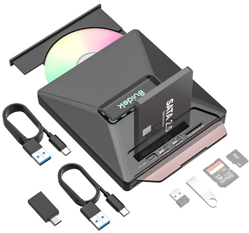 SUIDEK Externes CD DVD Laufwerk, tragbarer CD DVD Treiber +/-RW-Brenner mit 2,5 SATA, SD-Kartenleser und USB A Typ-C-2.0 Hub, kompatibel mit Laptop PC