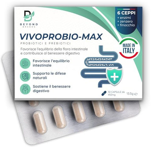 VIVOPROBIO-MAX Fermenti Lattici Probiotici e Prebiotici | 40 Miliardi CFU | Enzi-Mix™ Enzimi Digestivi | Gonfiore e Gas Intestinali | Zenzero e Finocchio | 30 cps Made in Italy