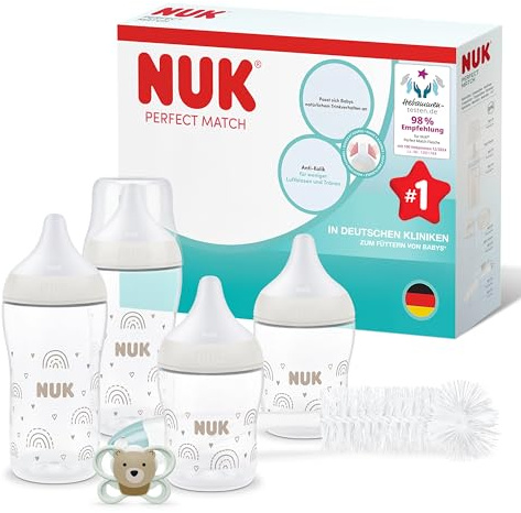 NUK Perfect Match Perfect Start Set de Biberones para Recién Nacidos | 0-6 Meses | 4 Biberones Anticólicos (150 ml, 260 ml), 1 Chupete Air, 1 Cepillo para Biberones | Arcoíris | 6 Piezas