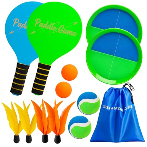 TEILLNET 2-in-1 Beach Paddle Ball and Toss Catch Ball Game Set, Summer Outdoor Toys for Kids Adults, Family Yard Lawn Beach Pool Park Games, Outside Sports Gifts for Boys Girls 3 4 5 6 7 8 9 10 11 12