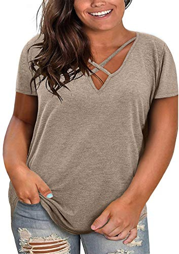Fisoew Camiseta de manga corta para mujer, tallas grandes, cuello en V, tallas grandes, tops ligeros de verano