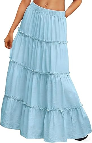 BEWECASU Women Vacation Outfits Long Skirts Boho Maxi Skirt Elastic High Waist Dress with Pockets(SkyBlue,S)