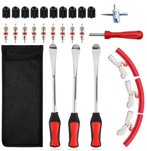 AEMCHDM 28PCS Desmontadora Neumaticos Moto Palancas Llanta | Palancas para Desmontar Neumaticos con 3 Ruedas Protectores de Llanta, Herramientas de Extracción de Válvula para Moto
