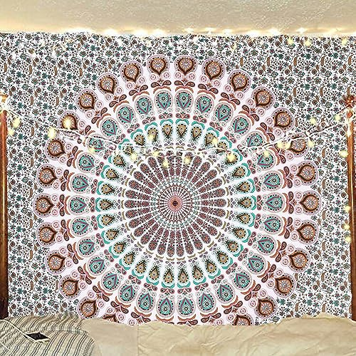 Bless International Indian hippie Bohemian Psychedelic Peacock Mandala Wall hanging Bedding Tapestry (Floral Gold, 228.60L X 213.36W cm)