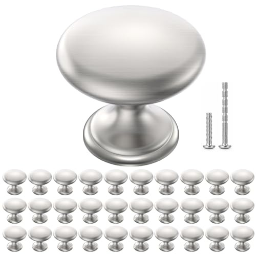 POZEAN Cabinet Knobs Brushed Nickel 30 Pack Cabinet Handles Drawer Knobs Solid Knobs Silver with Screws for Dresser Drawer Cabinet Cupboard - Modern Kitchen, Bedroom and Bathroom Hardware