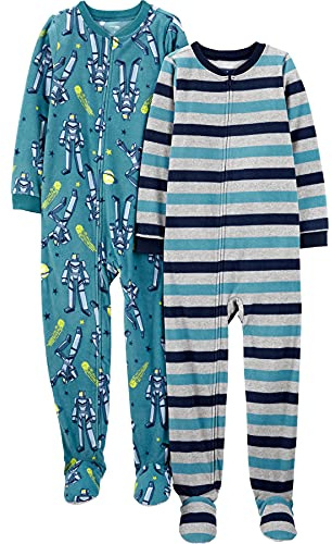 Simple Joys by Carter's Kid Little Boys' 2-Pack Loose-Fit Fleece Footed Pajamas, Transformers/Stripes, 7