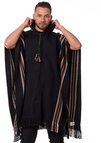 INTI ALPACA Alpaca Hooded Poncho for Men - Warm and soft - Cloak Cape (Black)