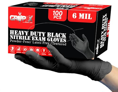 London Labs Heavy Duty 6 Mil Black Nitrile Gloves - Disposable, Latex & Powder Free | Mechanic, Food Prep & Tattoo | Rubber Gloves for Cooking, Cleaning & Household | Pack of (100)