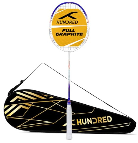 HUNDRED Powertek 1000 PRO Graphite Strung Badminton Racquet with Full Racket Cover | For Intermediate Players | 95 grams | Maximum String Tension - 26lbs (White/Blue)