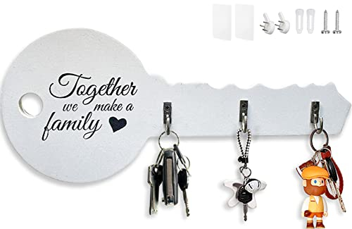 Echehi Wooden Key Holder for New Home, Self Adhesive or Drilling 3 Ways Installation Key Rack, Key Hooks Wall Mounted, Key Holder for The Home(White)