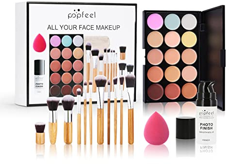 Holzsammlung Palette di 15 colori, kit di cosmetici in crema, correttore per contouring, nasconde occhiaie, imperfezioni con 11 pennelli da trucco, primer viso, spugnetta ovale