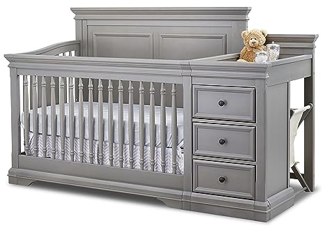 Sorelle Furniture Portofino Crib, Classic 4-in-1 Convertible, Crib Made of Wood, Non-Toxic Finish, Wooden Baby Bed, Toddler Bed, Child’s Daybed and Full-Size Bed, Nursery Furniture-Weathered Gray