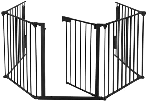 Gorssen Kaminschutzgitter mit Tür 360 cm Metall Ofenschutzgitter Laufgitter Laufstall Absperrgitter Tierschutzgitter Türschutzgitter für Kinder-Sicherung,Schwarz