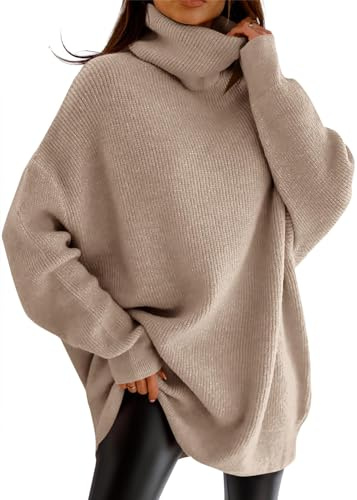 imesrun Womens Turtleneck Oversized Sweater Batwing Chunky Pullover Sweater Casual Fall Loose Knit Jumper Top, Khaki, XL