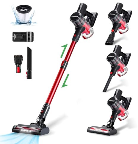 monmecd Aspirateur Balai sans Fil 4 en 1-16Kpa Aspiration Puissante, 1L Grand Réservoir, LED, 2 Vitesses, 49 Min Autonomie, Charge Murale, 150W, pour Sols Durs, Tapis et Poils d'animaux