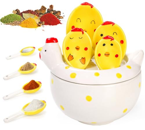 Tlence 5 Pcs Ceramic Measuring Spoons with Holder, Chicken Measuring Spoons Set in Pot, Cute Ceramic Hen Measuring Cups and Spoons for Salt Sugar Powder Wet Dry Ingredients, Kitchen Home Decorations