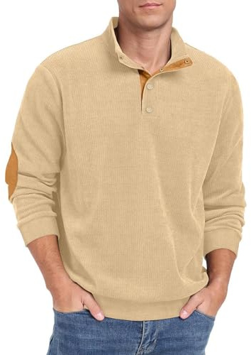 Hisir Sweat-shirts en corduroy pour homme à col Henley avec boutons à pression et col montant à manches longues pour l'hiver, kaki, L