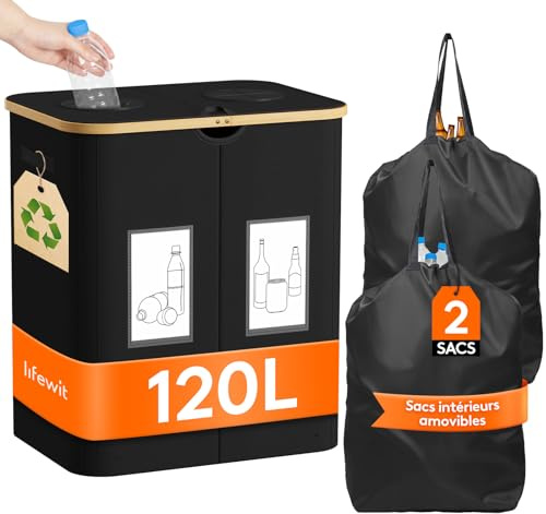 Lifewit Collecteur de Bouteilles avec Couvercle 2 Compartiment, Poubelle Tri Selectif pour Plastique, Bouteilles Verre, Poubelle Exterieur de Recyclage avec Trou, Cuisine Rangement, 120L, Noir