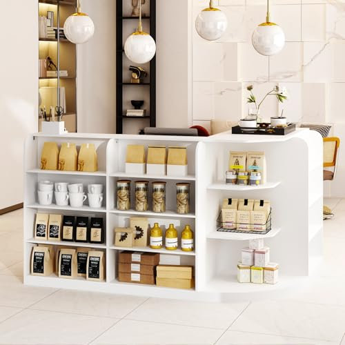 Kassentisch, Eck-Empfangstheke, Eck-Empfangstresen, Rezeptionstisch mit 3 Schubladen und 1 Schrank, Großer Empfangstresen mit Regalen, Rezeptionstheken, Empfangsschalter, weiß, 100 x 180 x 120 cm，MDF