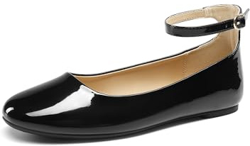 DREAM PAIRS Ballet Flats Shoes for Women, Cute Round Toe Women's Flats with Ankle Strap, Comfortable Dress Business Casual Office Work Shoes for Women,Size 8,Black-Pat,DWUMFA2510