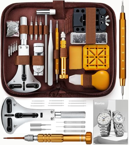 Bluvizo Professional Watch Repair Kit: 149pcs Watch Repair Tool Set for Link Removal Battery Replacement Band Strap Adjustment with Case Opener Link Remover Spring Bars Watch Pins