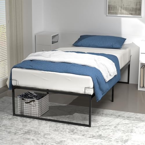 VOUNOT® Cama 90x190 cm Altura 36cm con Espacio Almacenamiento Debajo de Cama, Estructura de Cama Somier de Matrimonio de Listones, Armazón Marco Base de Cama Metal, Mueble para Dormitorio Hogar Negro
