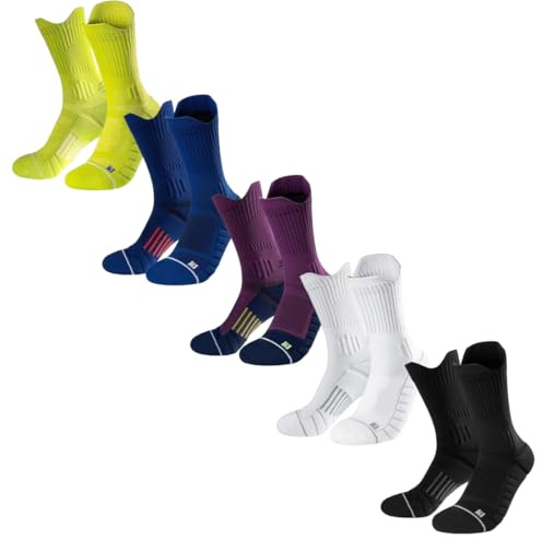 5 pares de calcetines de running hombre de talla media-alta, Calcetines de compresión para running y trekking con ventilación de malla acolchada y soporte para el arco del pie, talla 38-47
