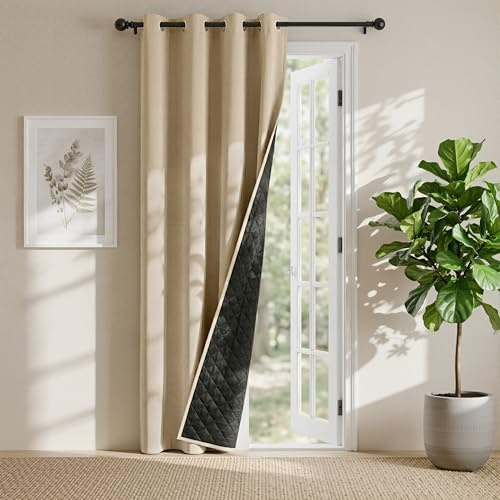 PONY DANCE Cortina 100% Opacas Acustica para Puerta de Salon/Dormitorio 140x220cm, Cortinas Termica Aislante Frio y Calor con Forro Negro con Ojales 1 Pieza,Beige Oscuro