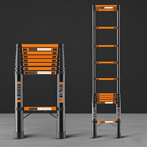 DEOPXF Telescopic Ladder Thickened Steel Pipe Coating Process Tie Rod Design Folding Ladder Easy to Operate Sturdy and Durable(3.1m)