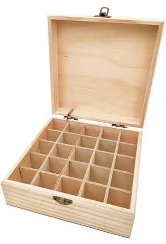 Anktily Wooden Storage Divider Box 25 Grids, 18.5 x 18.5 x 8.5 cm Unfinished Wood Case Box with Clasp for Small Keepsakes, Jewellery