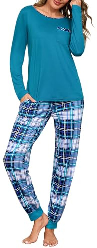 Leversic Pigiama Donna Invernale Cotone Pigiami a Maniche Lunghe Set Pigiama Morbido e Confortevole 1077-Blu Cobalto L