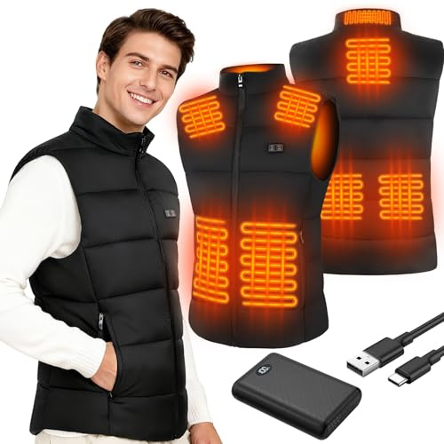 Chaleco Calefactable Hombre con Batería 7.4V 10000mAh, Deepoter Chaleco Térmico Eléctrico 8 Zonas Calefactables, 3 Ajustes de Temperatura, Chaqueta Calefactable: Ideal para Deportes al Aire Libre (XL)