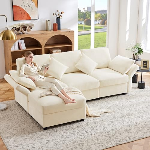 Rvjiahe - Divano angolare a L con sgabello, divano letto convertibile da 3 posti, 4 cuscini, braccioli regolabili, adatto per soggiorno/ufficio/appartamento, Beige/Grigio (Beige, 218 * 156,5 * 86 cm