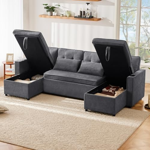 Sapgaks divano ad angolo convertibile con portabicchieri, spazio di archiviazione, divano a U a 4 posti, divano letto con funzione letto, tessuti in cotone e lino (F-Grigio)