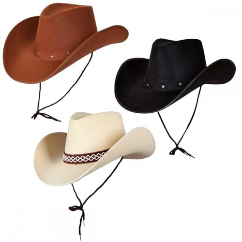 Titch & Timbo Texan Cowboy Cowgirl Hat 3 Pack (Multiple Options) : Adult Unisex Fancy Dress Party Accessory Country Western Rancher Rodeo Wild West Music Festival