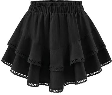 Timormode Flowy Skorts for Women Casual Boho Ruffle Shorts Cute Mini Skirts | Elastic High Waist, Built‑in Shorts, Double Tiered Ruffle, Lace Hem, Tennis and Golf Skorts, For Country Concert, Going out