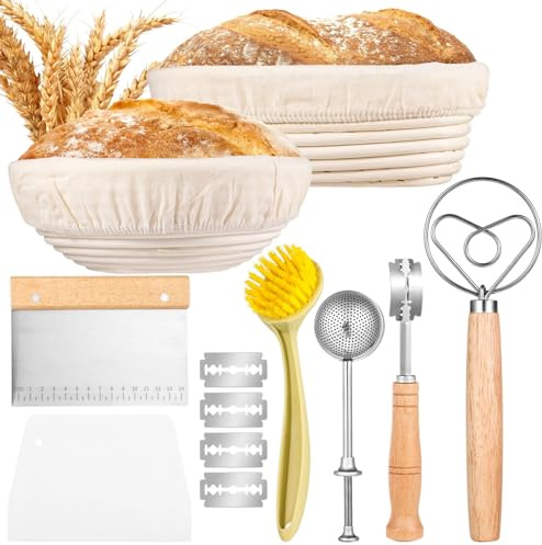 Baking Baskets with Bread Lame, Sifter, Dough Scrapers, Danish Whisk, and Cleaning Brush, 9 Round & 10 Oval Bread Proofing Baskets Set, Bread Making Tools, Sourdough Tools Kit