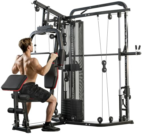 SPORTNOW Home Multi Gym Smith Machine 65kg Weight Stack Cable Pulley System