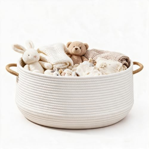 Rope Basket,40*40*20cm Storage Baskets, Large Cotton Rope Blanket Basket, Woven Storage Basket with Handle, Decorative Organiser Basket, Rope Organizer for Toy,Clothes,Living Room,Bedroom(White)