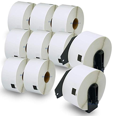 BETCKEY - 10 Rouleaux DK-11208 Grandes Étiquettes d'Adresse Compatible avec Brother, 38mm x 90mm, 4000 Étiquettes pour Imprimantes d'Étiquettes QL Brother (2 Fixateurs Réutilisables)