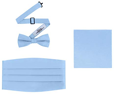 Men's 3 Piece Formal Accessory Set with Bow Tie, Cummerbund & Pocket Hanky (Light Blue)