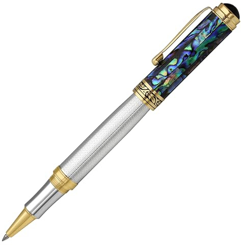Xezo Maestro stylo roller roller, pointe fine. Argent massif 925 avec coquille de pāua bleue et placage en or 18 carats. Artisanal, édition limitée, numérotée