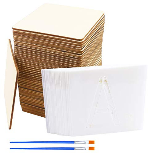 SKPPC 50 unlackierte Blanko-Holzstücke 10,2 cm mit 26 Buchstaben, Schablonen für Wanddekoration, Heimdekoration, Bastelprojekte