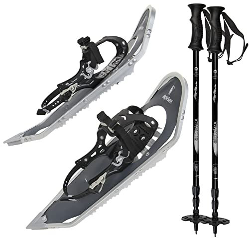 ALPIDEX Schneeschuhe Aluminium Rahmen Damen Herren ab Schuhgröße 38 bis 130 kg Tragetasche, Farbe:Grey mit Stöcken