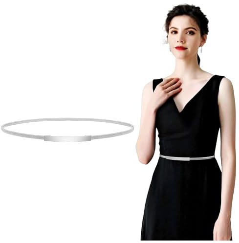 WERFORU, cintura da donna sottile in metallo, elastica, a catena, per abito, Argento D., Anzug für Taillenumfang 66-72cm
