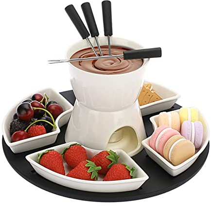 TOLIDA Fondue de Chocolate-300ml Cerámica Blanca Juego de Fundidor de Queso de Cuadrado con 4 Tenedores y 4 Platos con Plato de Madera 11 Piezas para Chocolate Mantequilla y Queso (sin Vela)