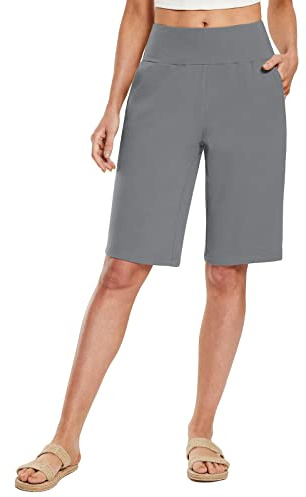 baleaf Bermuda Long de 30,5 cm pour Femme - Taille Haute - Longueur Genou - en Coton - avec Poches - Décontracté - pour Le Travail et Le Salon, Gris foncé, L
