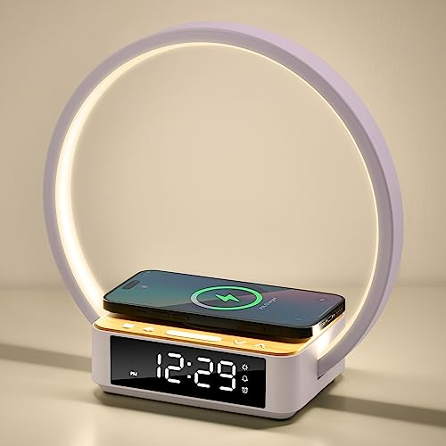 Morwealth LED Nachttischlampe Touch Dimmbar mit ladefunktion, 10W Wireless Charger Tischlampe tageslichtwecker mit Wecker Uhranzeige, Nachtlicht 3 stufige Helligkeit für Schlafzimmer Büro (Büro weiß)